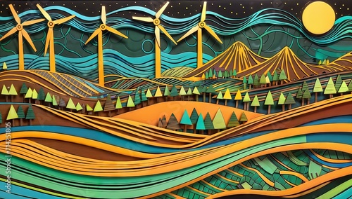 Wind Turbines in the desert. Paper cut style.