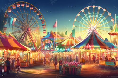 Carousels on the fairground at sunset. Illustration. photo