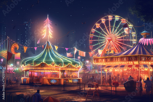 Carousels on the fairground at sunset. Illustration.