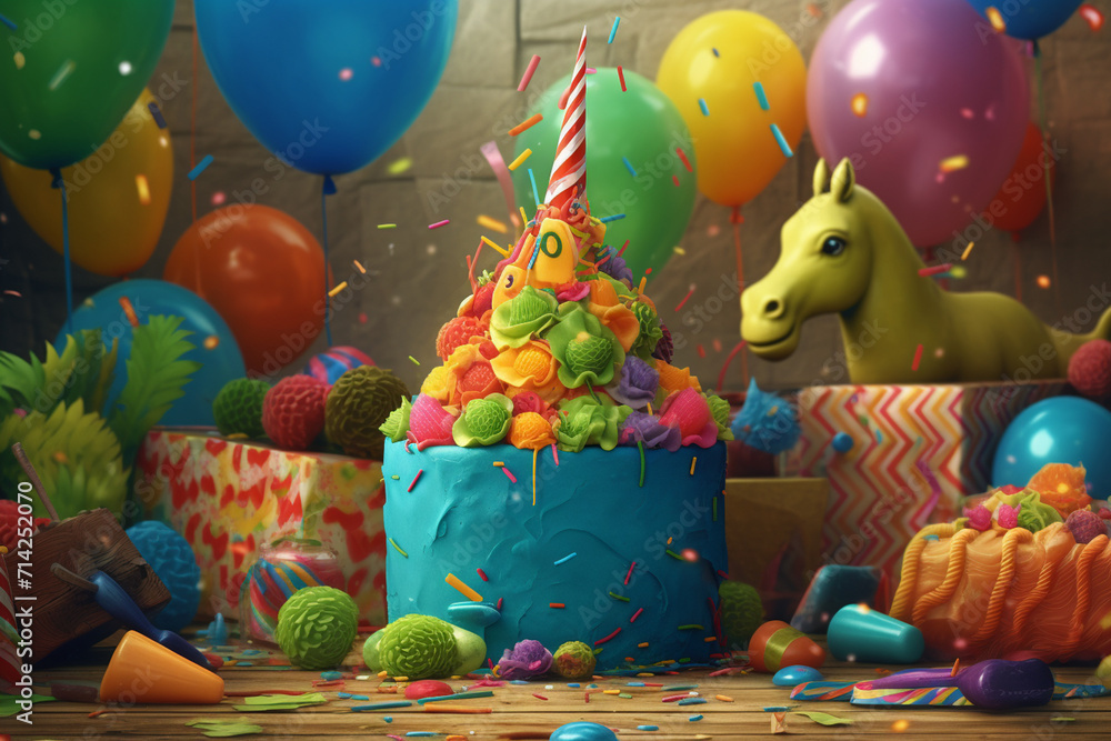 Birthday cake with colorful sprinkles and balloons. 3d rendering Birthday cake with colorful sprinkles and balloons. 3d rendering
