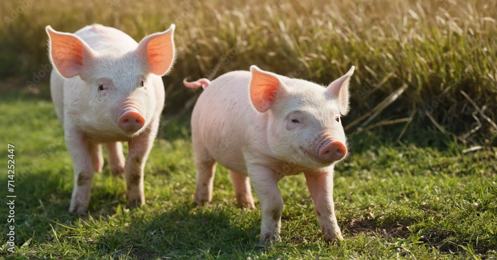 A charming scene on the farm featuring a group of cute piglets against a green grass background, embodying the essence of a lively and adorable pig family in a natural and agricultural setting. A charming scene on the farm featuring a group of cute piglets against a green grass background, embodying the essence of a lively and adorable pig family in a natural and agricultural setting.
