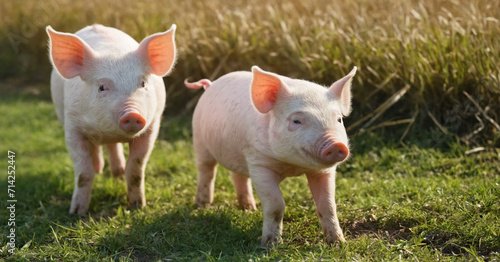 A charming scene on the farm featuring a group of cute piglets against a green grass background, embodying the essence of a lively and adorable pig family in a natural and agricultural setting.