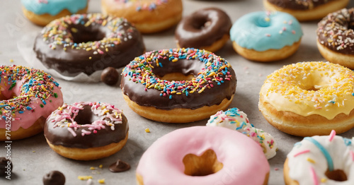 A delightful scene capturing a variety of colorful donuts in motion, with sprinkles falling, showcasing the sweet and tempting array of delicious treats perfect for celebrations or indulgent moments.