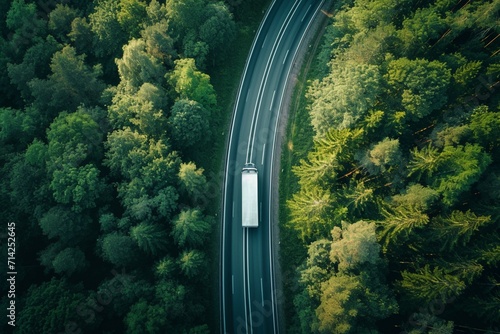 Aerial top view of car and truck driving on highway road in green forest. Sustainable transport. Drone view of hydrogen energy truck and electric vehicle driving on asphalt road through green forest. © Manzoor