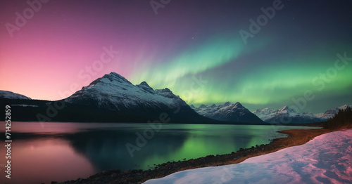 An enchanting winter landscape featuring the northern lights (aurora borealis) painting the night sky with shades of pink, purple, and green, creating a mesmerizing and otherworldly ambiance.