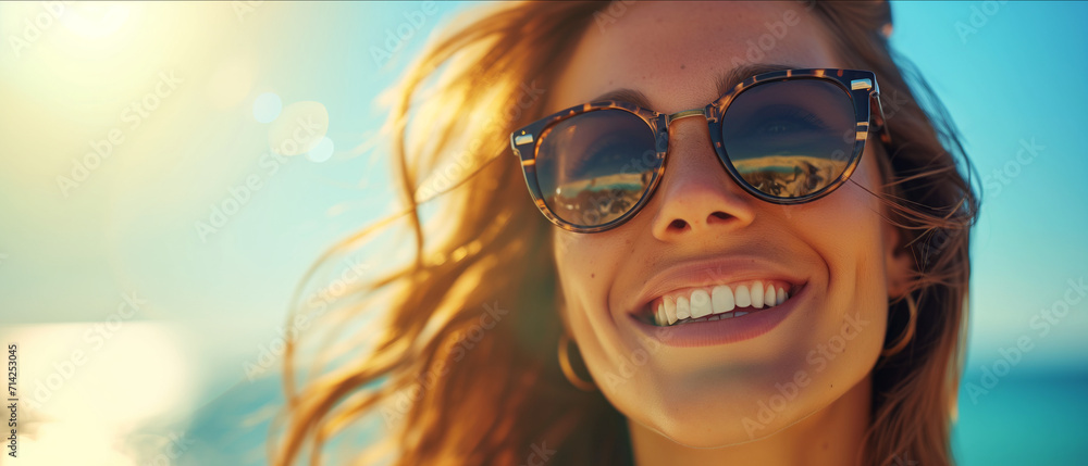 Sunny Beach Day Reflected in Sunglasses of a Smiling Woman Enjoying the Summer Breeze