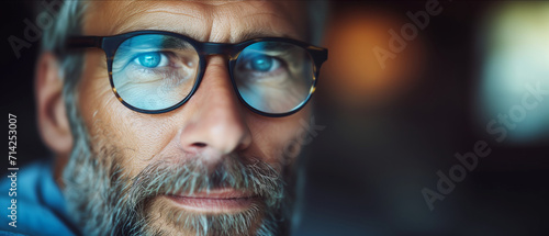 Intense Gaze: Close-Up Portrait of a Man with Striking Blue Eyes Behind Glasses photo