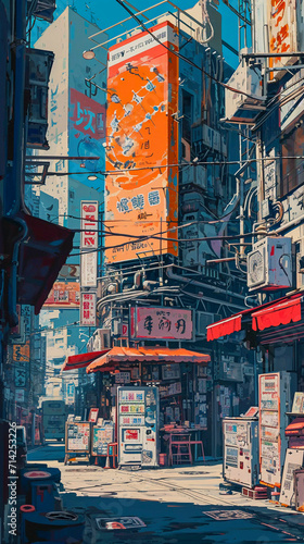 Asian city street in anime style, Generative AI