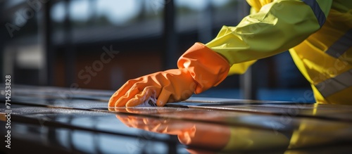 close up of hands cleaning solar panels on roof. Maintenance of photovoltaic solar panels