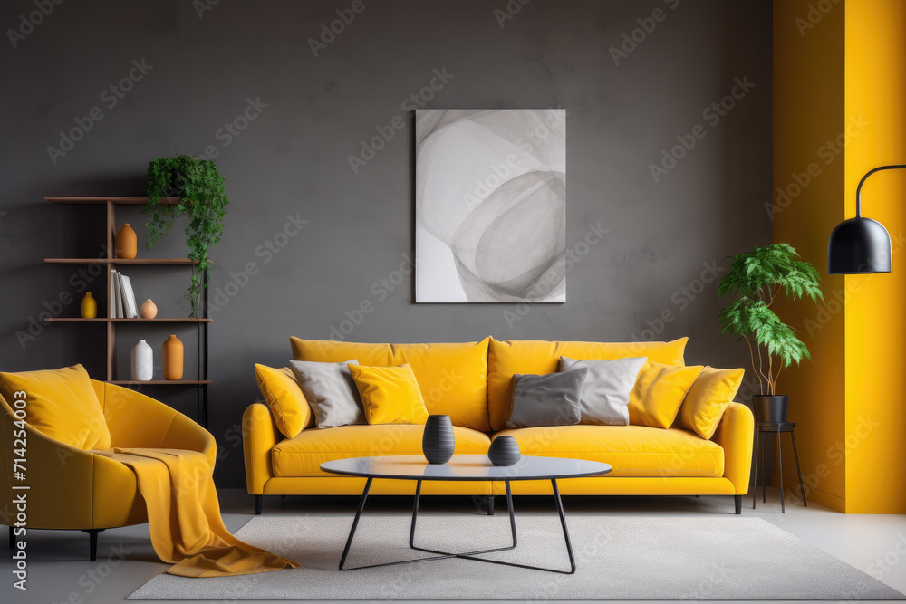 Seating group and decor modern minimal living room interior design saffron yellow colors Seating group and decor modern minimal living room interior design saffron yellow colors