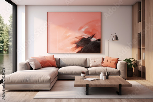 Seating group and decor modern minimal living room interior design salmon colors © LFK