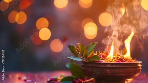 Traditional Indian puja Ritual Fire with Offerings