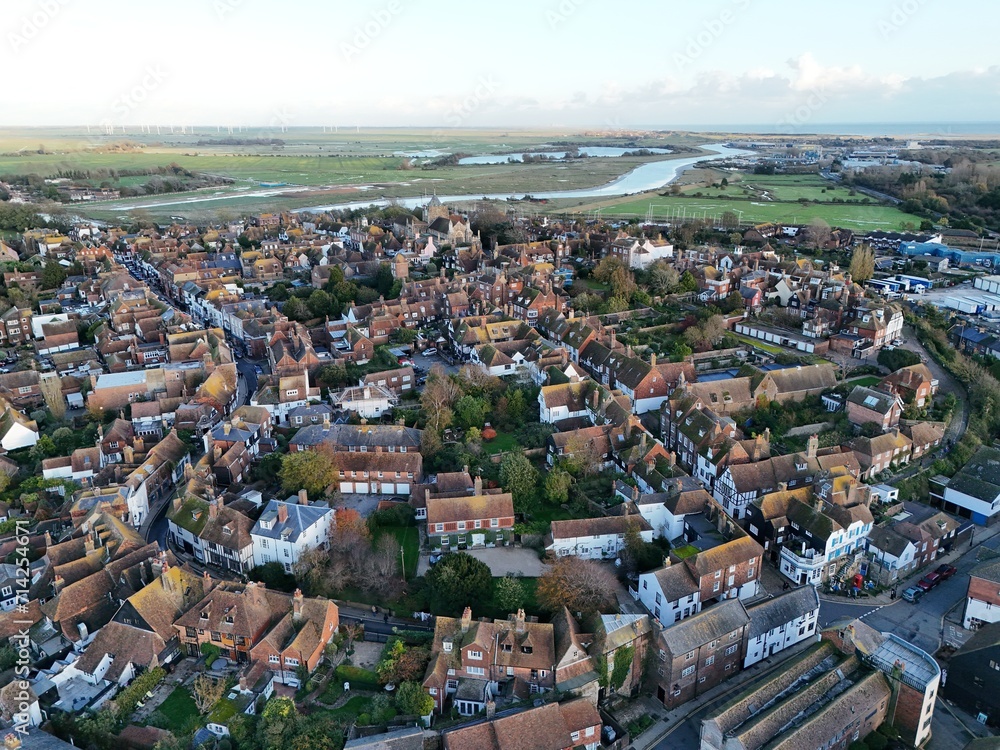 Sunset Rye town centre Sussex UK drone aerial view