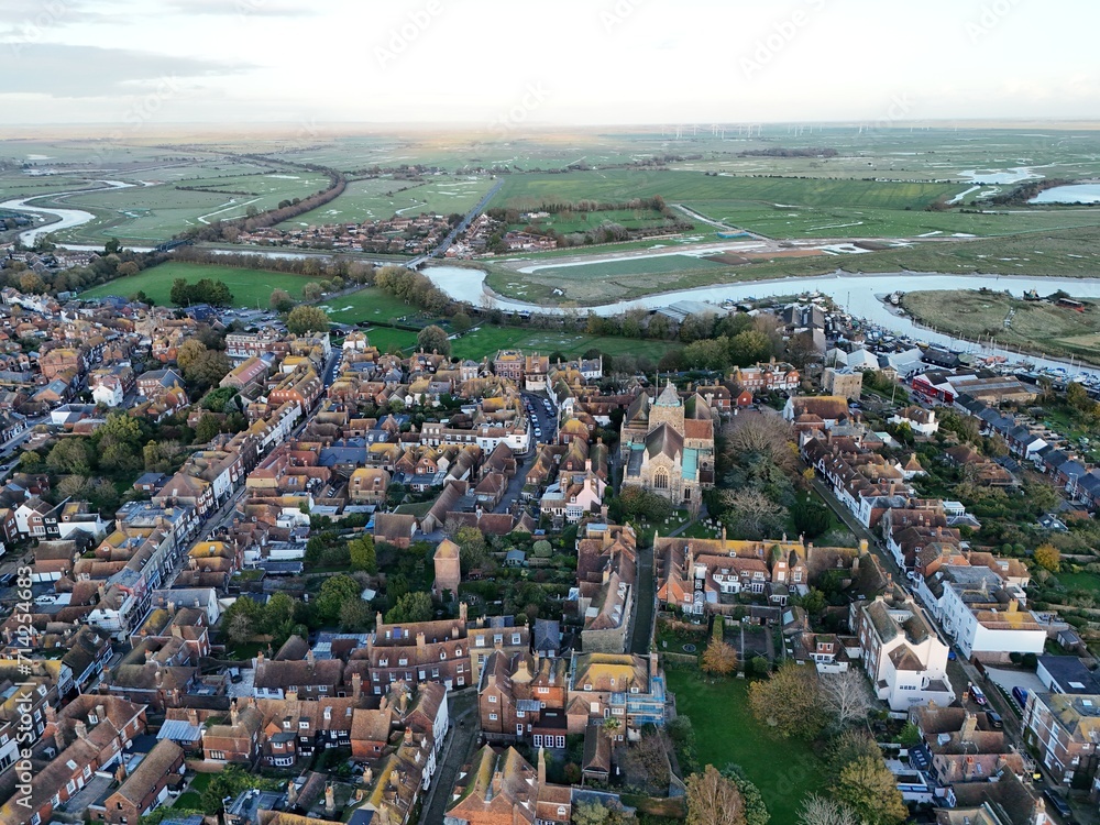 Sunset Rye town centre Sussex UK drone aerial view high angle.