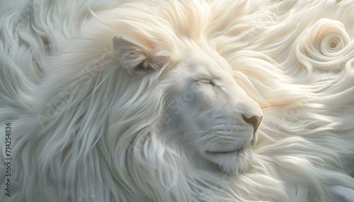 a white lion laying down with its eyes closed © KWY