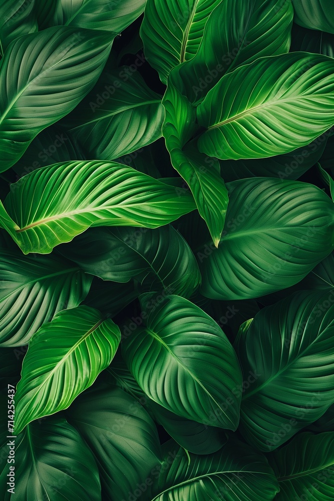leaves of Spathiphyllum cannifolium, abstract green texture, nature background, tropical leaf vertical banner.