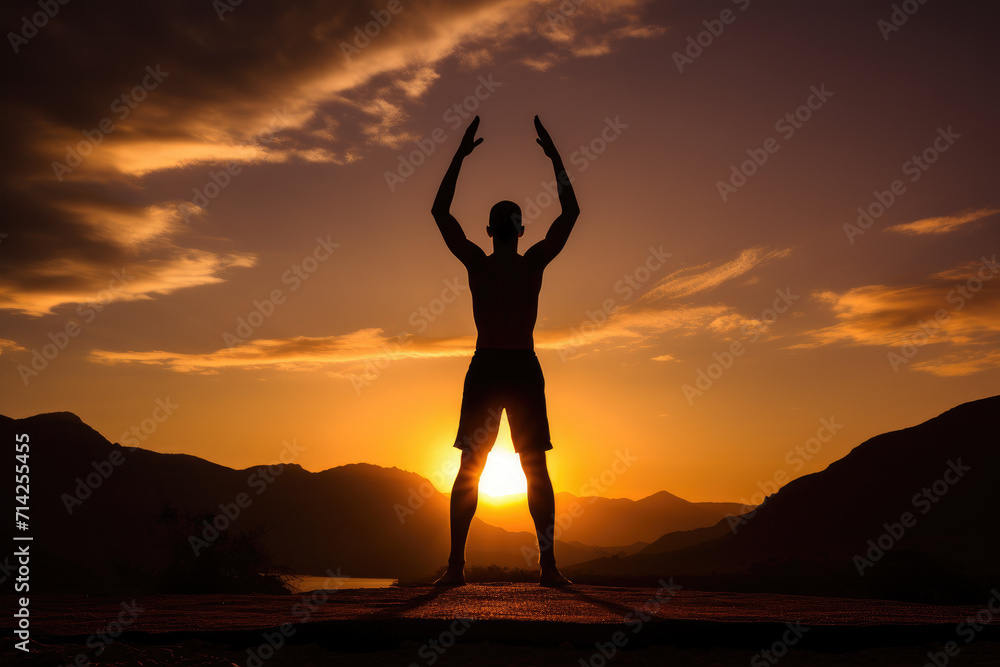 Silhouette of man doing yoga for meditation against the sea at sunset