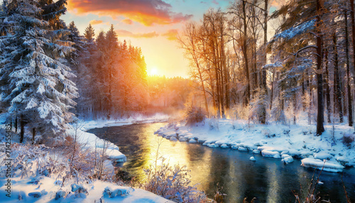 River view in the forest at sunset in winter. Generative ai © designermetin