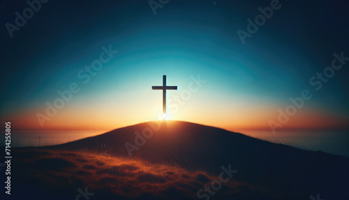 Easter Sunrise with Cross on the Horizon - Symbol of Hope