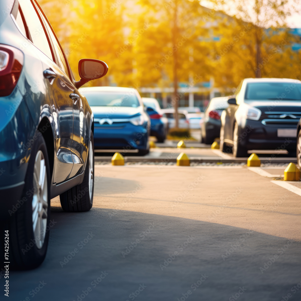  Car parked at outdoor parking lot. Used car for sale and rental service. Car insurance background. Automobile parking area. Car dealership and dealer agent concept. Automotive industry.