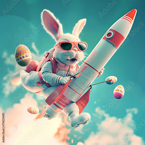 Osterhase fliegt auf einer Rakete und verliert dabei Ostereier photo