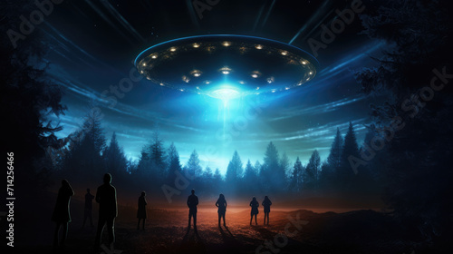 Fototapeta Naklejka Na Ścianę i Meble -  Silhouettes waiting for the blue glowing spaceship as it approaches the surface, UFO. Generative ai