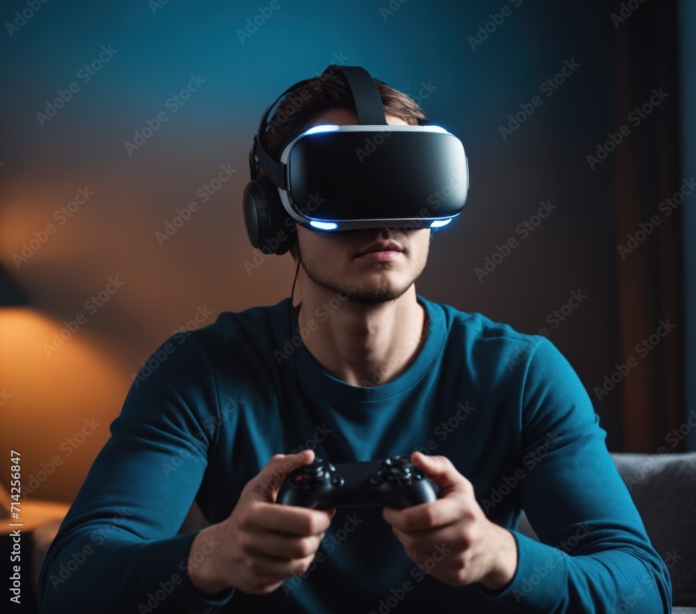 Young man playing video games using virtual reality headset and controller at home Young man playing video games using virtual reality headset and controller at home