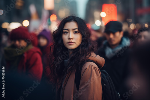 young beautiful hipster woman in the city at night, lifestyle people concept.