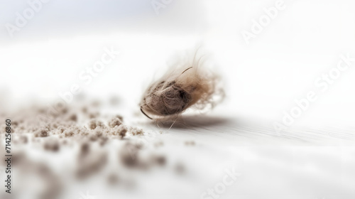 House dust on white floor. House Dust Mite and Home cleaning concept, Copy free space on left photo