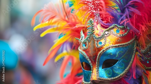 a colorful mask with feathers on it © KWY