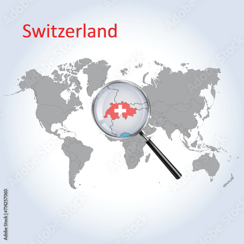 Magnified map Switzerland with the flag of Switzerland enlargement of maps Vector Art