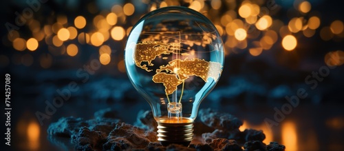renewable and sustainable energy sources. The blue world map is on a technology light bulb that represents energy, renewable energy #714257089