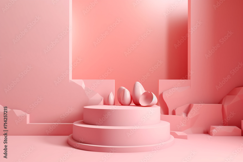 3d render of minimal geometric forms. Pink podium for product presentation. Abstract background.