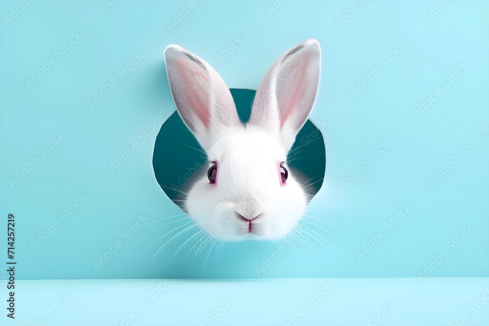 Cute white rabbit in hole on turquoise background. Easter concept.
