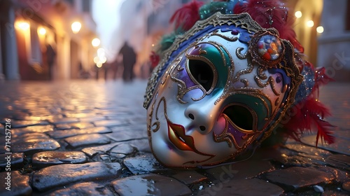a colorful mask sitting on a cobblestone street