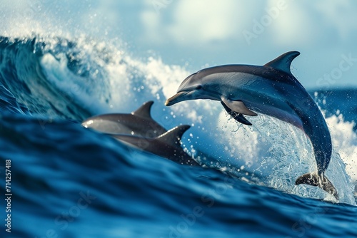 Playful dolphins jumping over breaking waves. Hawaii Pacific Ocean wildlife scenery. Marine animals in natural habitat. © Alizeh