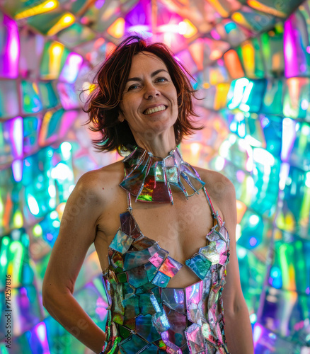 A smiling woman, a brunette, highlights her uniqueness in a sculptural dress made of pieces of colored glass, while a neon wall provides a vibrant backdrop.