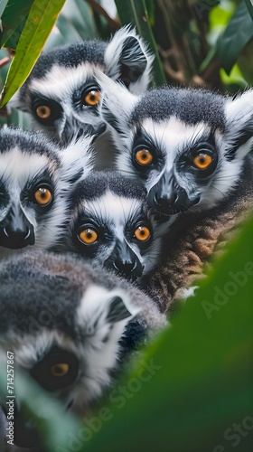 a group of lemurs sitting on top of a tree