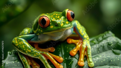 a green frog with red eyes sitting on a leaf © KWY