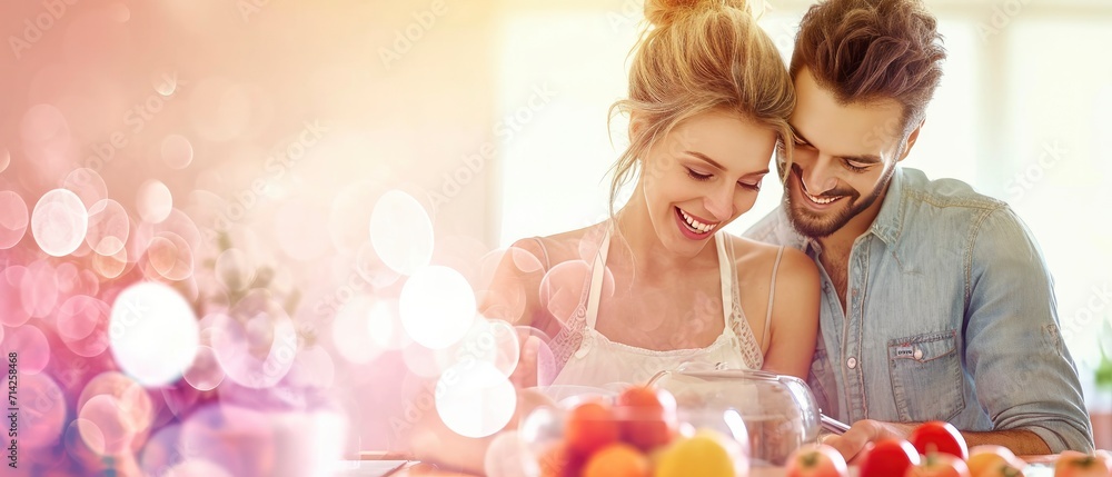 A couple cooking together, smiles and laughter, bokeh background. Valentines day. - obrazy, fototapety, plakaty 