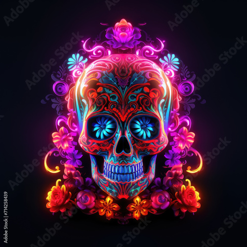 Skeleton head with flowers and neon lights