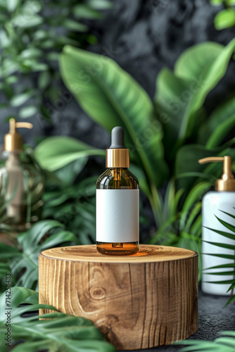 Essential oil with blank label stands on a wooden podium surrounded by green leaves. Skin care concept. Mock up.