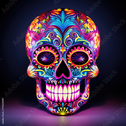 Skeleton skull with neon lights and color on dark background
