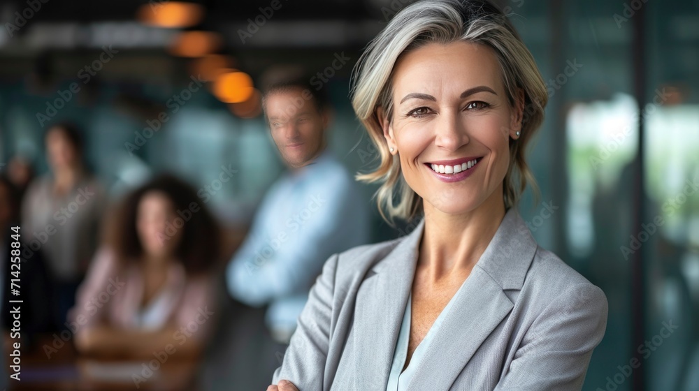 woman smiling in front of her team in open space workplace woman smiling in front of her team in open space workplace