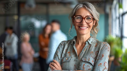  woman smiling in front of her team in open space workplace photo