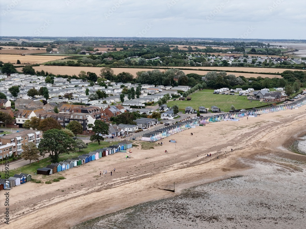 . Beach huts West Mersea Essex UK drone,aerial