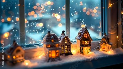 a window sill filled with snow covered houses photo