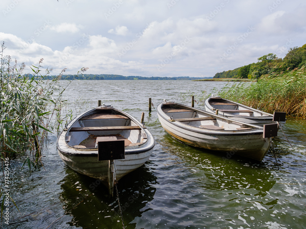 Obraz premium Three white rowing boats moored on shore in a big lake on a bright sunny and windy day
