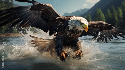 Bald eagle hunting attacking above water realistic impressive photo