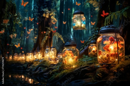 Mystical firefly lanterns  guiding lost souls through the depths of the enchanted forest - Generative AI